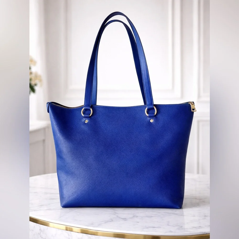 Coach Royal Blue Pebbled Leather Tote Zip Shoulder Bag Gold Hardware Like New - Picture 2 of 6